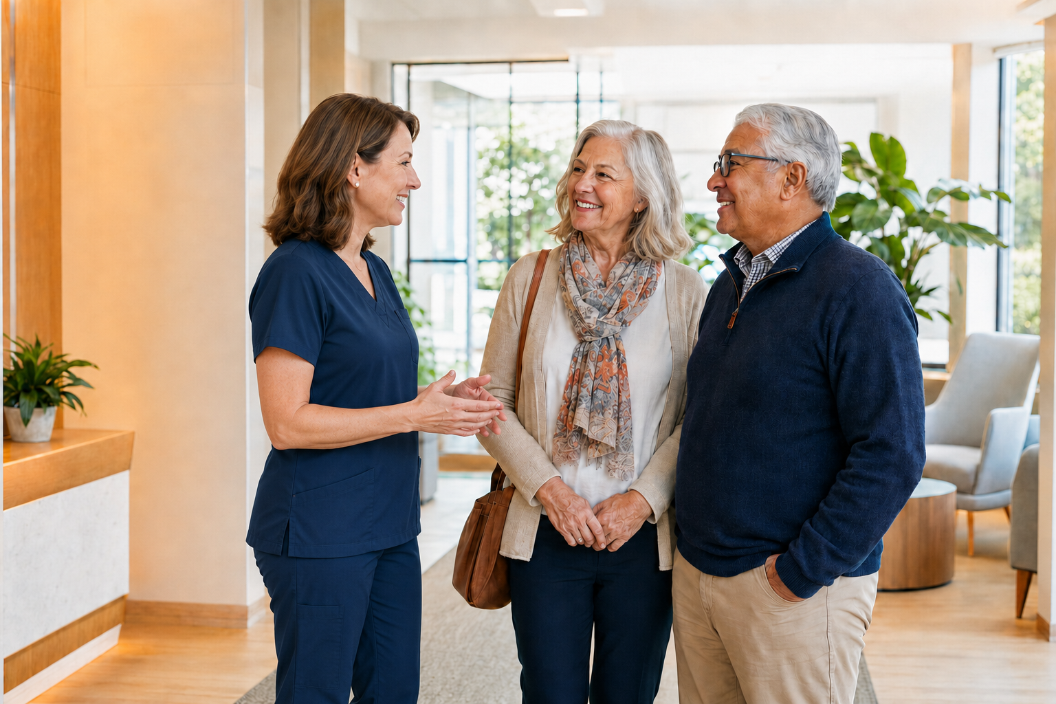 A welcoming HNR Health staff member greeting older adult patients in a bright clinic